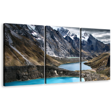 Load image into Gallery viewer, Ocean Mountains Canvas Print, Brown Huayhuash Trek 3 Piece Wall Art, White Snowy Landscape Three Lagoon Multiple Canvas
