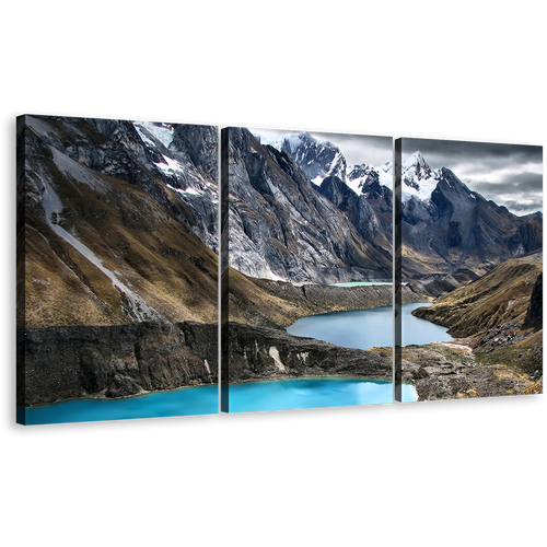 Ocean Mountains Canvas Print, Brown Huayhuash Trek 3 Piece Wall Art, White Snowy Landscape Three Lagoon Multiple Canvas