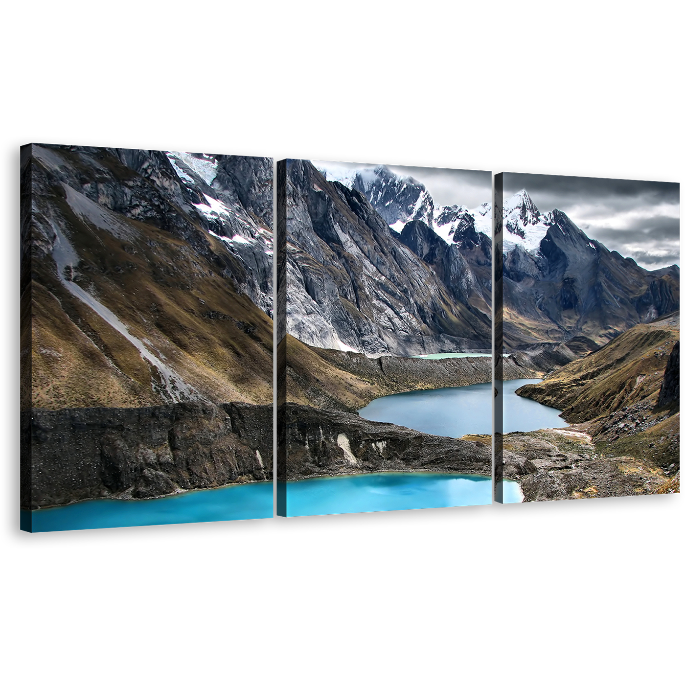 Ocean Mountains Canvas Print, Brown Huayhuash Trek 3 Piece Wall Art, White Snowy Landscape Three Lagoon Multiple Canvas