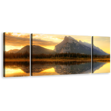 Load image into Gallery viewer, Ocean Mountains Canvas Print, Canada Grey Rundle Mountain 3 Piece Wall Art, Vermillion Lake Yellow Sunset Sky Canvas Set
