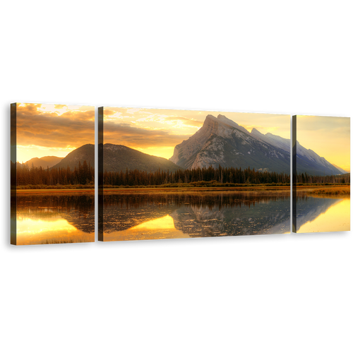 Ocean Mountains Canvas Print, Canada Grey Rundle Mountain 3 Piece Wall Art, Vermillion Lake Yellow Sunset Sky Canvas Set