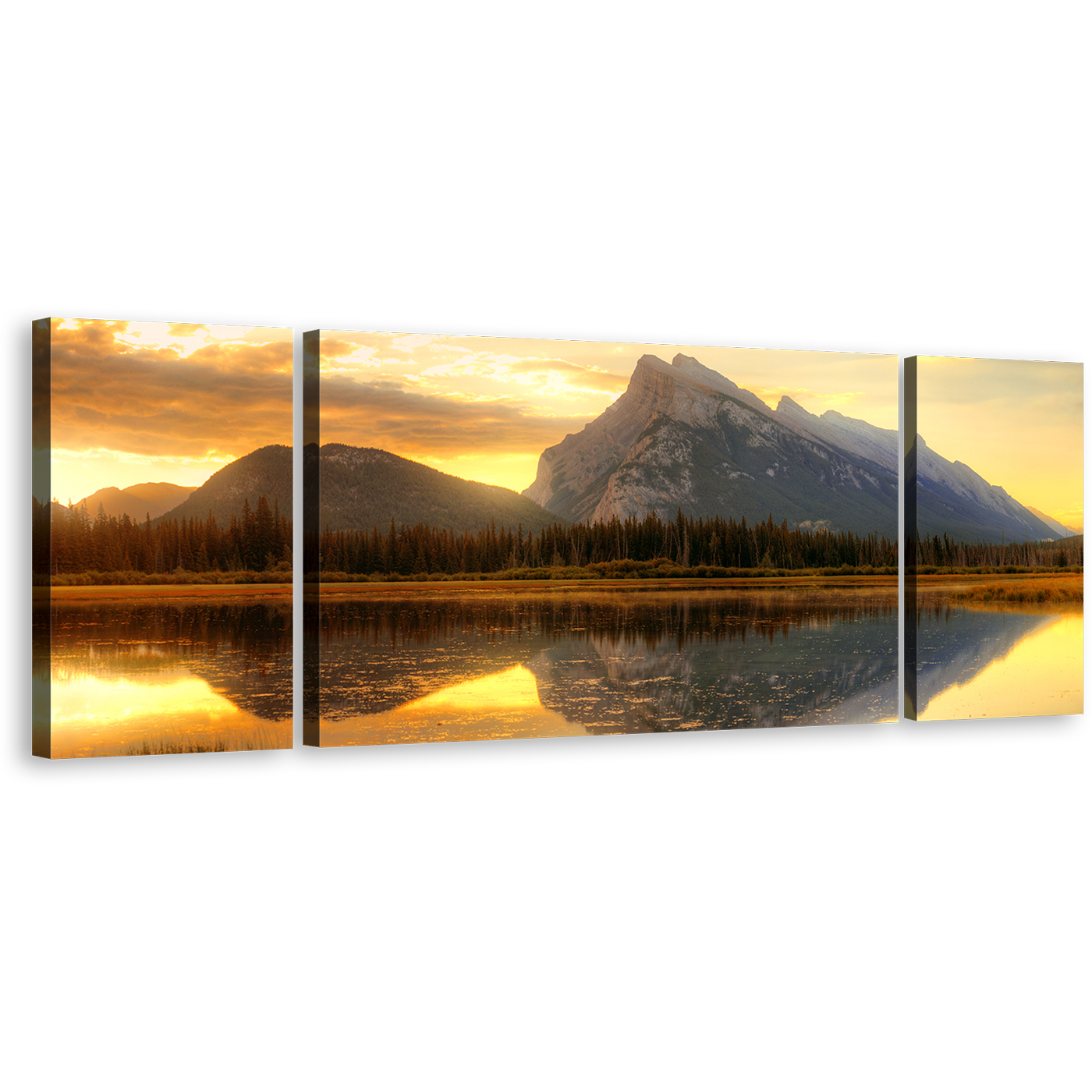 Ocean Mountains Canvas Print, Canada Grey Rundle Mountain 3 Piece Wall Art, Vermillion Lake Yellow Sunset Sky Canvas Set