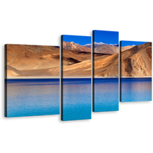 Load image into Gallery viewer, Ocean Mountains Canvas Print, India Brown Leh Ladakh Landscape Wall Art, Blue Sky Pangong Tso Lake 4 Piece Multi Canvas
