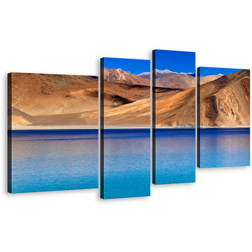 Ocean Mountains Canvas Print, India Brown Leh Ladakh Landscape Wall Art, Blue Sky Pangong Tso Lake 4 Piece Multi Canvas