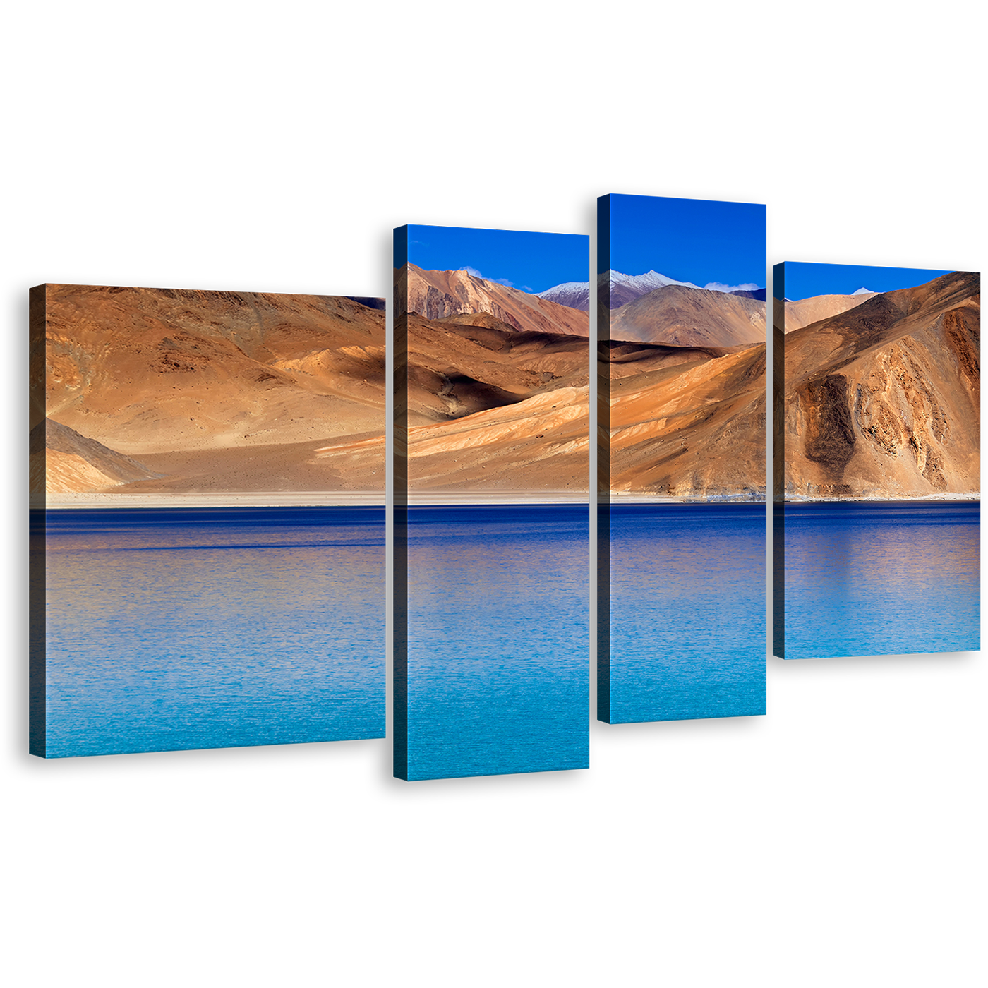 Ocean Mountains Canvas Print, India Brown Leh Ladakh Landscape Wall Art, Blue Sky Pangong Tso Lake 4 Piece Multi Canvas