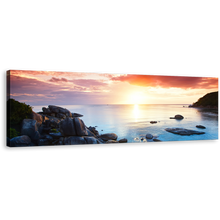 Load image into Gallery viewer, Ocean Mountains Canvas Print, Koh Samui Island Rocks Yellow Sky Wall Art, Thailand Blue Tranquil Beach Panoramic Canvas Art
