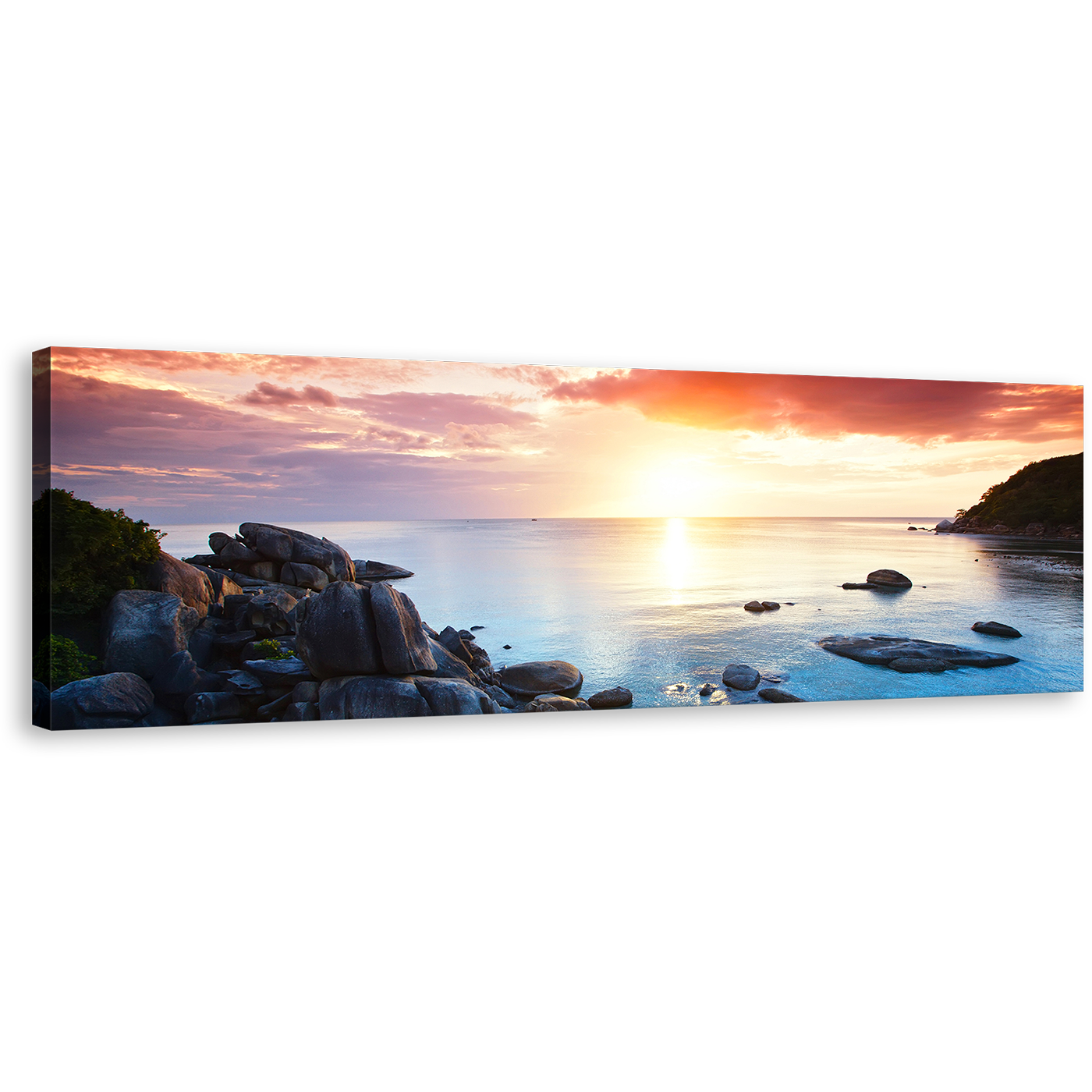 Ocean Mountains Canvas Print, Koh Samui Island Rocks Yellow Sky Wall Art, Thailand Blue Tranquil Beach Panoramic Canvas Art