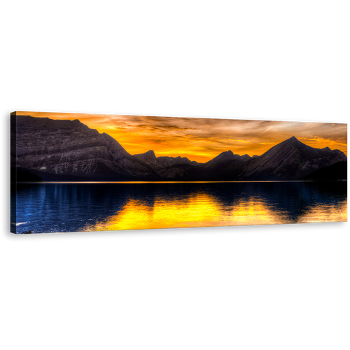 Ocean Mountains Canvas Print, Orange Kananaskis Lake Mountains Sky Panoramic Canvas Wall Art, Alberta Canada Brown Landscape Wide Canvas