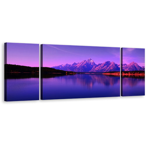 Ocean Mountains Canvas Print, Purple Jackson Lake Mountains 3 Piece Canvas Wall Art, Teton National Park Triptych Canvas Set, Northwestern Wyoming Blue Sky Sea Multi Canvas