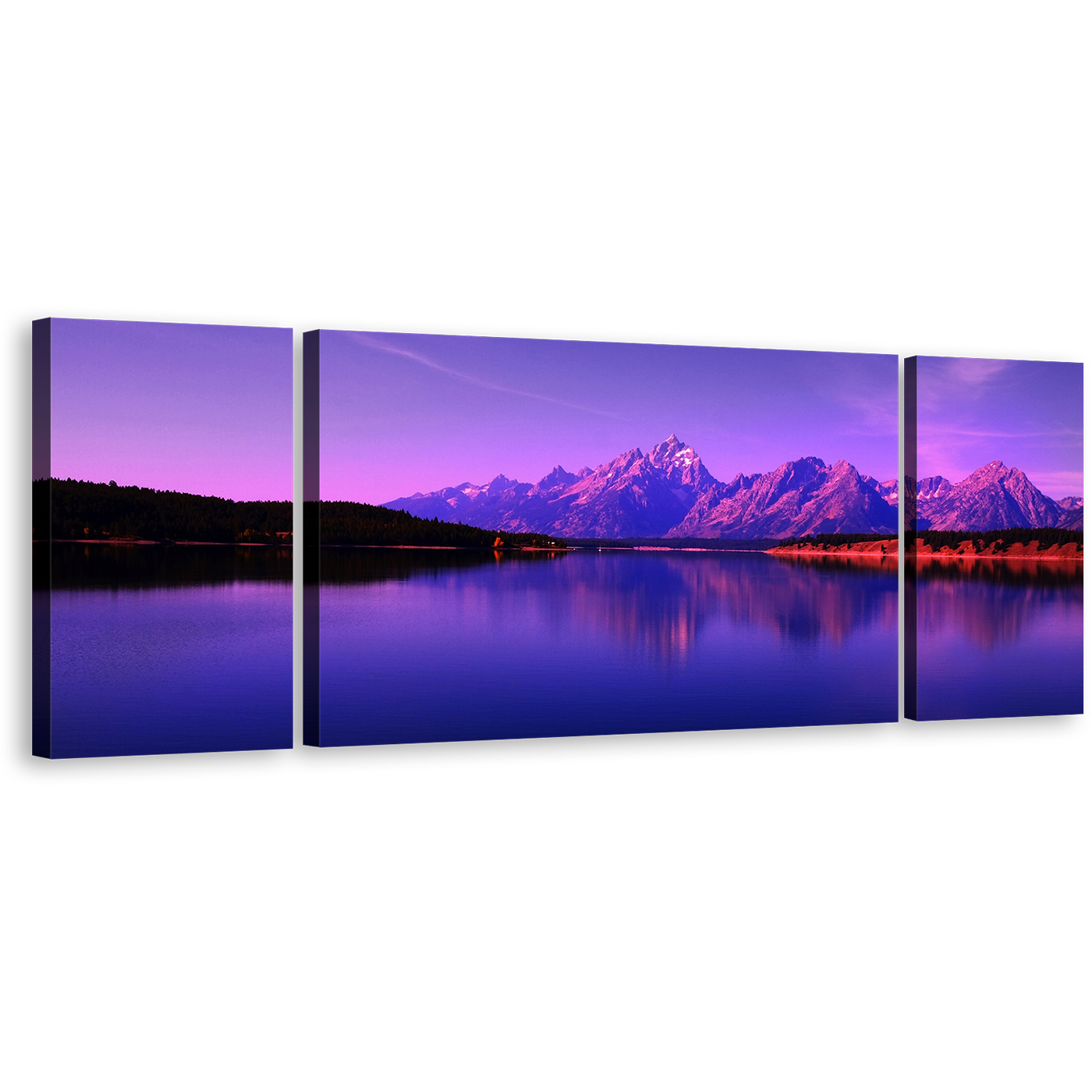 Ocean Mountains Canvas Print, Purple Jackson Lake Mountains 3 Piece Canvas Wall Art, Teton National Park Triptych Canvas Set, Northwestern Wyoming Blue Sky Sea Multi Canvas