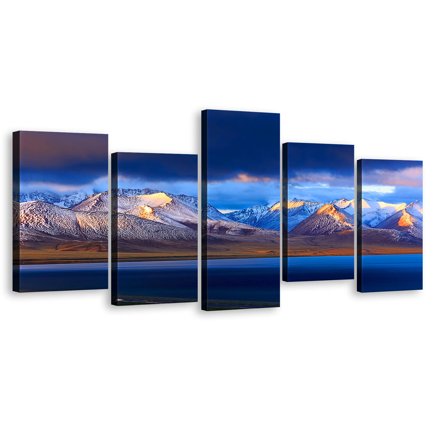 Ocean Mountains Canvas Print, Yellow Tibet Sunrise Snowy Mountains 5 Piece Canvas Wall Art, China Blue Nam Lake Multi Canvas