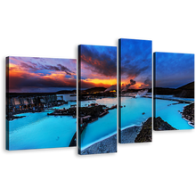 Load image into Gallery viewer, Ocean Mountains Canvas Wall Art, Blue Lagoon Iceland 4 Piece Canvas Print, Dramatic Yellow Cloudy Sunset Sky Multiple Canvas
