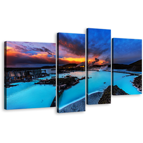 Ocean Mountains Canvas Wall Art, Blue Lagoon Iceland 4 Piece Canvas Print, Dramatic Yellow Cloudy Sunset Sky Multiple Canvas