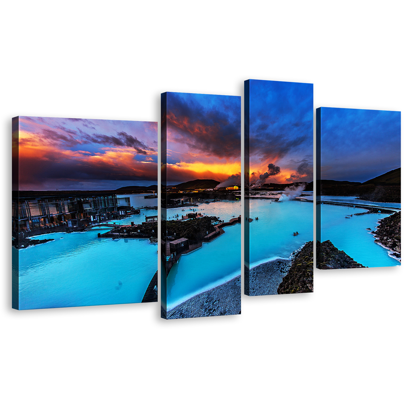 Ocean Mountains Canvas Wall Art, Blue Lagoon Iceland 4 Piece Canvas Print, Dramatic Yellow Cloudy Sunset Sky Multiple Canvas