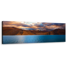 Load image into Gallery viewer, Ocean Mountains Canvas Wall Art, Cloudy Blue Pangong Tso Lake Panoramic Canvas Print, Jammu Brown Mountains Scenery Wide Canvas, India Ladakh Mountain Water Sky Canvas Artwork
