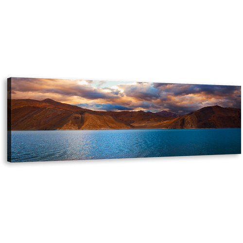 Ocean Mountains Canvas Wall Art, Cloudy Blue Pangong Tso Lake Panoramic Canvas Print, Jammu Brown Mountains Scenery Wide Canvas, India Ladakh Mountain Water Sky Canvas Artwork