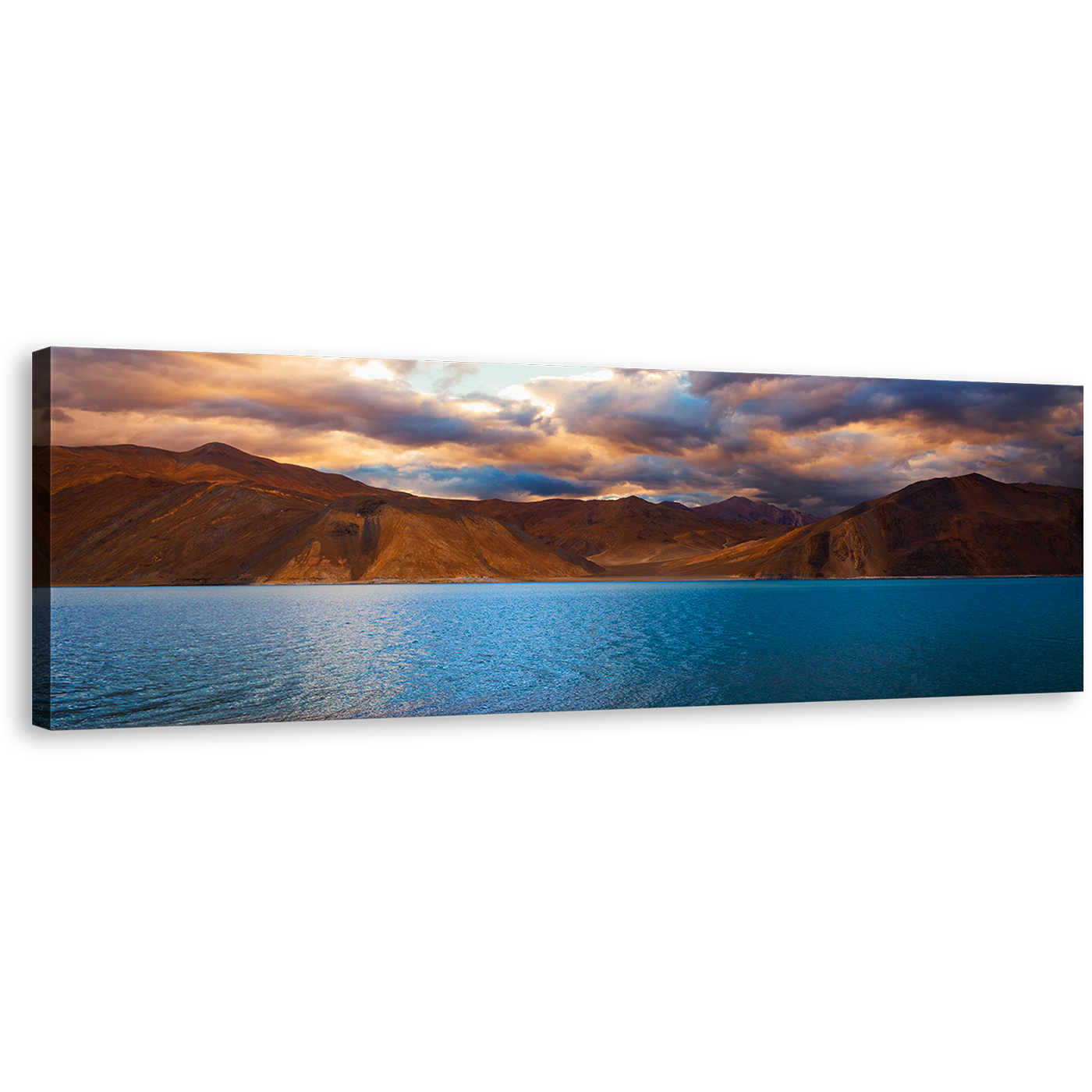 Ocean Mountains Canvas Wall Art, Cloudy Blue Pangong Tso Lake Panoramic Canvas Print, Jammu Brown Mountains Scenery Wide Canvas, India Ladakh Mountain Water Sky Canvas Artwork