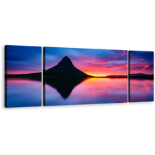 Load image into Gallery viewer, Ocean Mountains Canvas Wall Art, Snaefellsnes Peninsula Blue Orange Sunset Canvas Print, Kirkjufell Volcano 3 Piece Canvas
