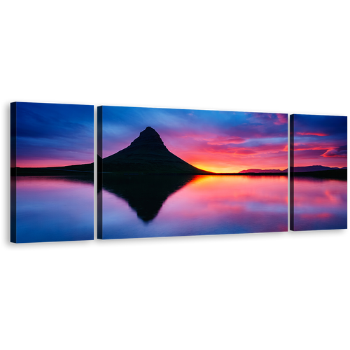 Ocean Mountains Canvas Wall Art, Snaefellsnes Peninsula Blue Orange Sunset Canvas Print, Kirkjufell Volcano 3 Piece Canvas