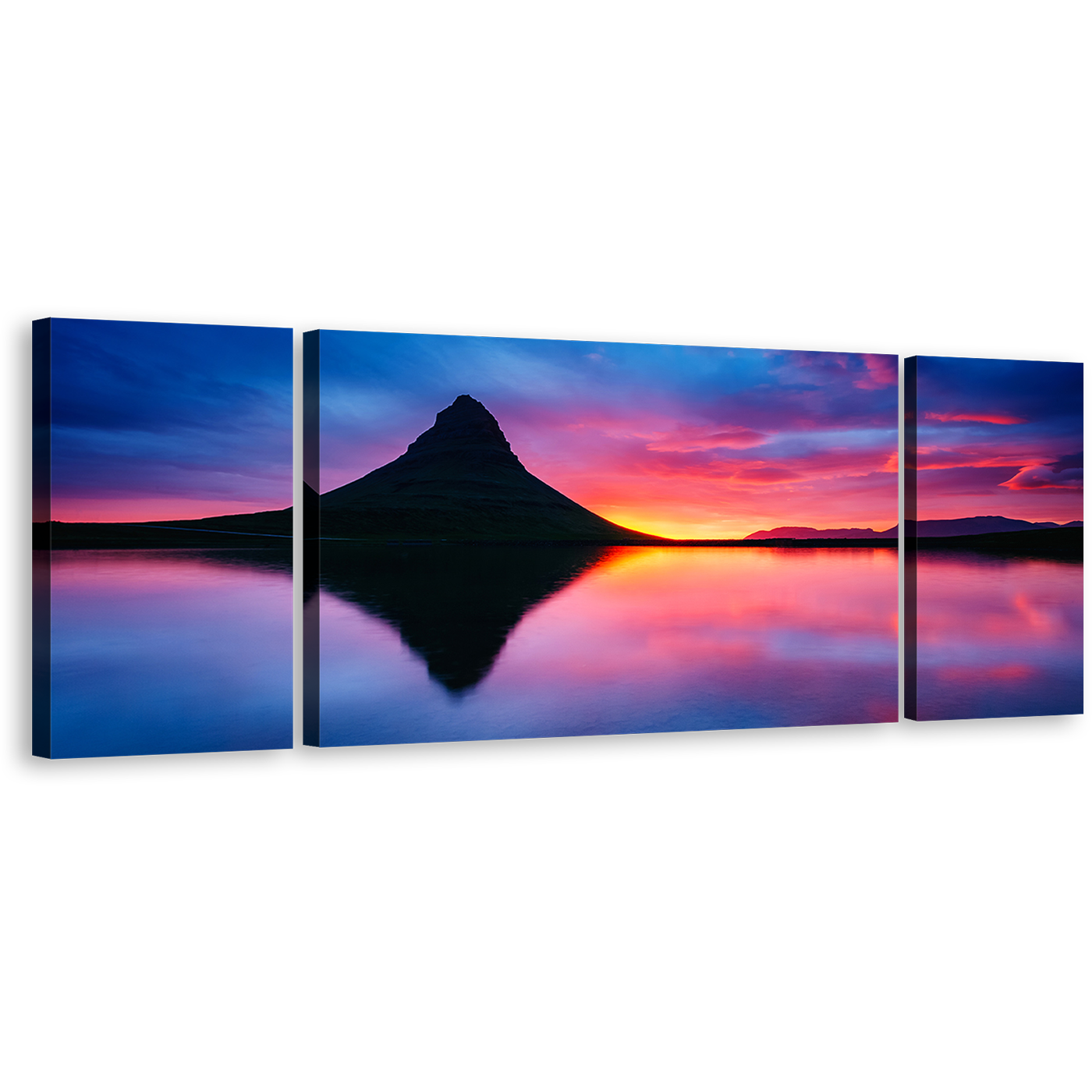 Ocean Mountains Canvas Wall Art, Snaefellsnes Peninsula Blue Orange Sunset Canvas Print, Kirkjufell Volcano 3 Piece Canvas