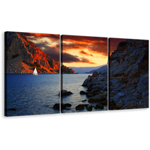 Load image into Gallery viewer, Ocean Mountains Print, Orange Cloudy Sky Harbor of Marmaris Canvas Multi-panel Print, Red Mountain Rocks 3 Piece Wall Art
