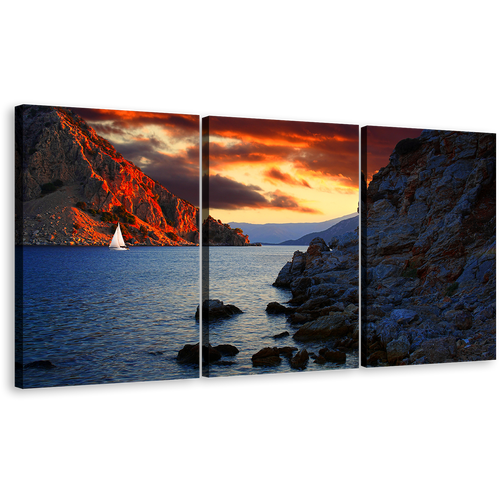 Ocean Mountains Print, Orange Cloudy Sky Harbor of Marmaris Canvas Multi-panel Print, Red Mountain Rocks 3 Piece Wall Art