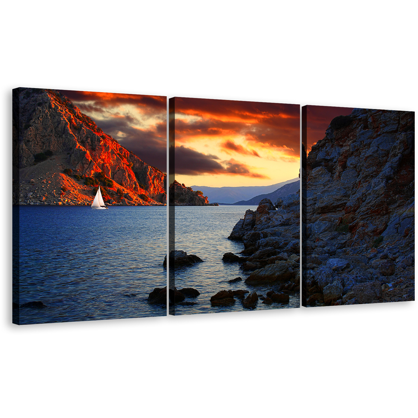 Ocean Mountains Print, Orange Cloudy Sky Harbor of Marmaris Canvas Multi-panel Print, Red Mountain Rocks 3 Piece Wall Art