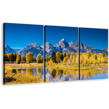 Load image into Gallery viewer, Ocean Mountains Wall Art, Blue Sky Snake River Canvas Set, Golden Aspen Trees 3 Piece Canvas Print
