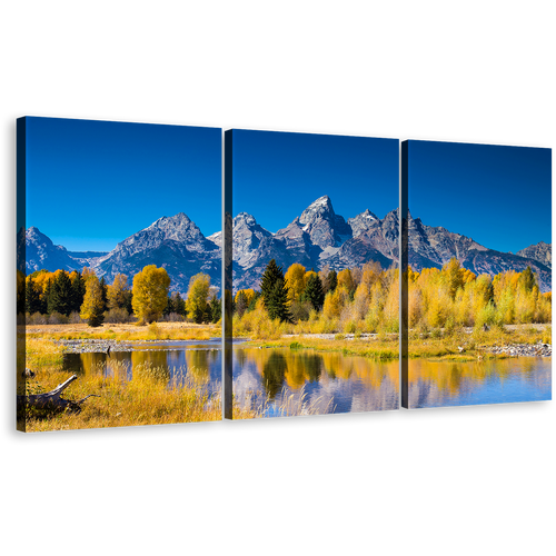 Ocean Mountains Wall Art, Blue Sky Snake River Canvas Set, Golden Aspen Trees 3 Piece Canvas Print