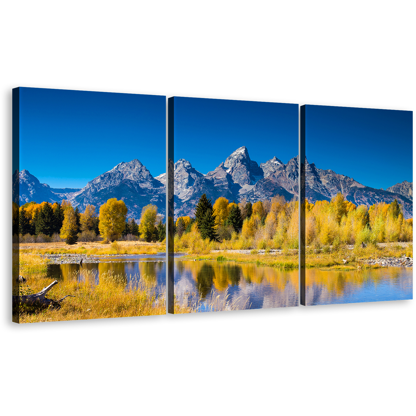 Ocean Mountains Wall Art, Blue Sky Snake River Canvas Set, Golden Aspen Trees 3 Piece Canvas Print