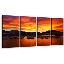 Load image into Gallery viewer, Ocean Mountains Wall Art, Orrange Port Boats Mountains Sunset Multi Canvas, Yellow Santurtzi Sunrise Port Ocean 4 Piece Canvas Print
