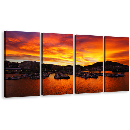 Ocean Mountains Wall Art, Orrange Port Boats Mountains Sunset Multi Canvas, Yellow Santurtzi Sunrise Port Ocean 4 Piece Canvas Print