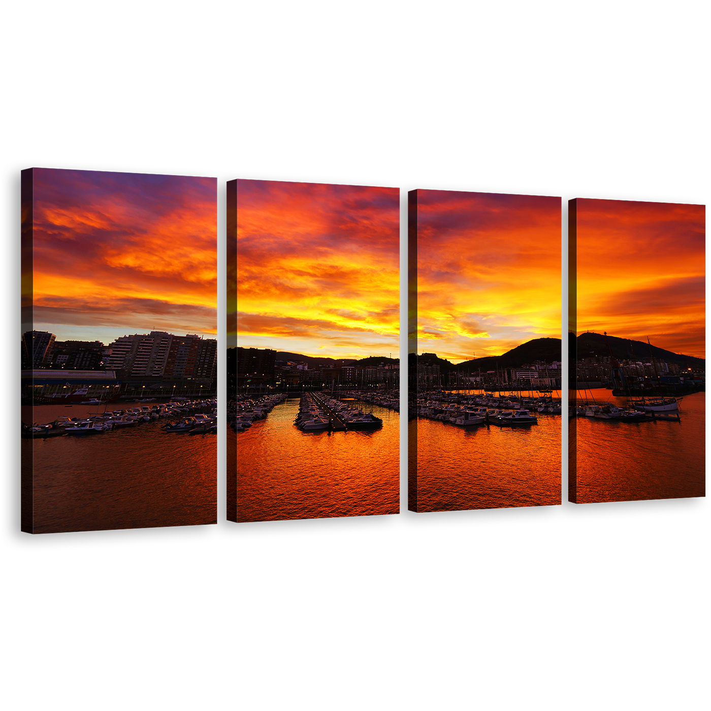 Ocean Mountains Wall Art, Orrange Port Boats Mountains Sunset Multi Canvas, Yellow Santurtzi Sunrise Port Ocean 4 Piece Canvas Print