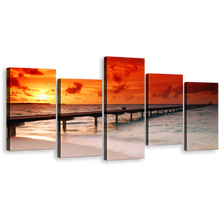 Load image into Gallery viewer, Ocean Pier Canvas Wall Art, Ocean Red Yellow Sky 5 Piece Canvas Print, Amazing Twilight Ocean Pier Canvas Set
