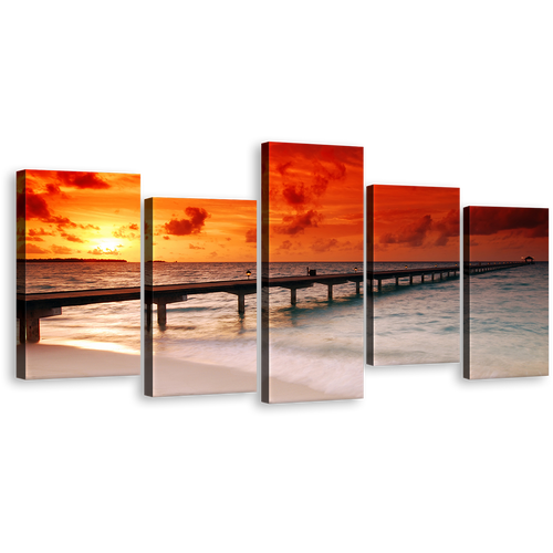 Ocean Pier Canvas Wall Art, Ocean Red Yellow Sky 5 Piece Canvas Print, Amazing Twilight Ocean Pier Canvas Set