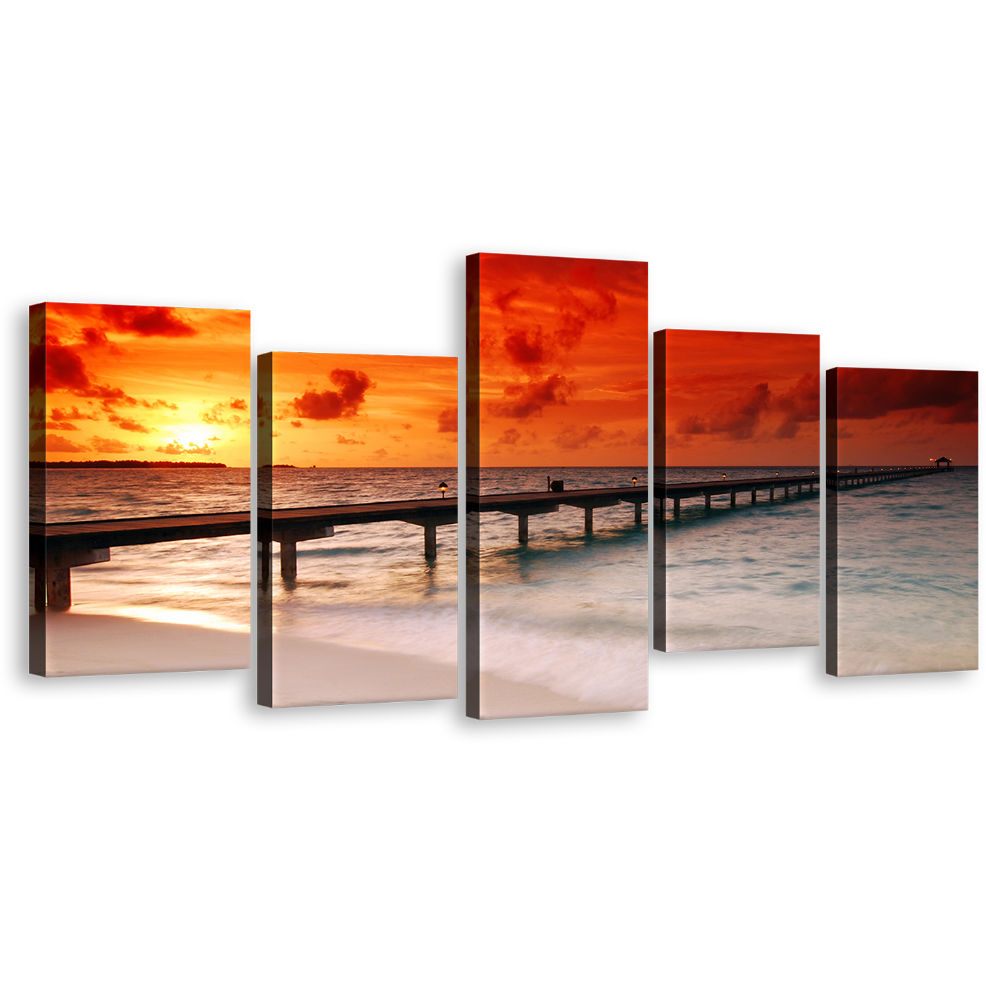 Ocean Pier Canvas Wall Art, Ocean Red Yellow Sky 5 Piece Canvas Print, Amazing Twilight Ocean Pier Canvas Set