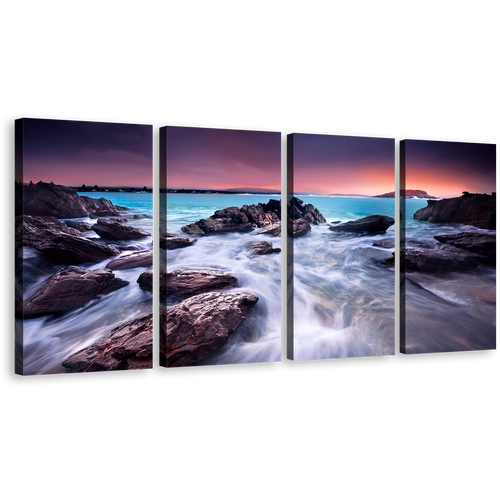 Ocean Rocks Canvas Print, Australian Brown Ocean Boulders 4 Piece Multi Canvas, Blue Sea Beach Wall Art