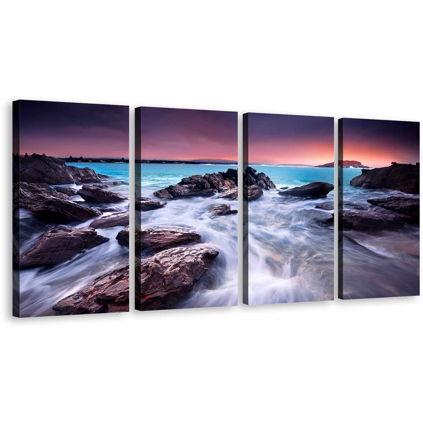 Ocean Rocks Canvas Print, Australian Brown Ocean Boulders 4 Piece Multi Canvas, Blue Sea Beach Wall Art