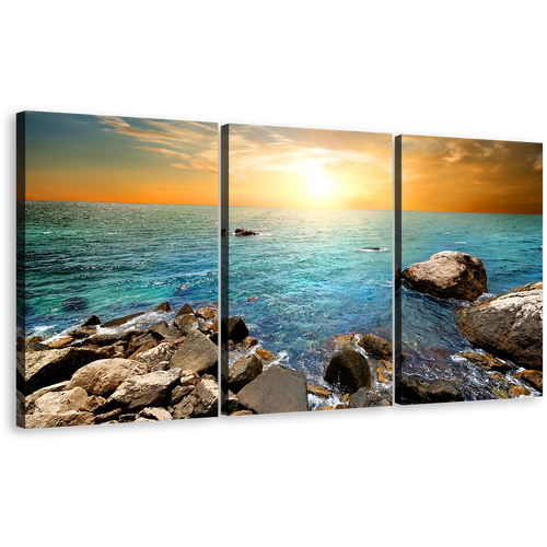 Ocean Rocks Canvas Print, Blue Sea Stony Beach 3 Piece Canvas Wall Art, Yellow Sky Sunrise Multiple Canvas