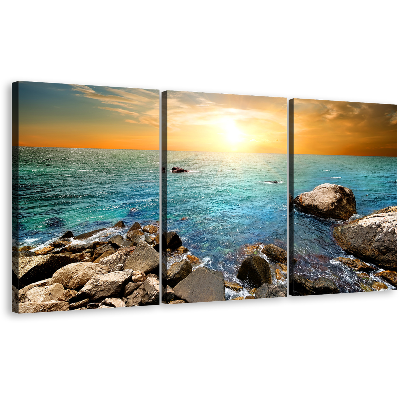 Ocean Rocks Canvas Print, Blue Sea Stony Beach 3 Piece Canvas Wall Art, Yellow Sky Sunrise Multiple Canvas