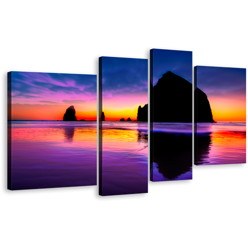 Ocean Rocks Canvas Print, Blue Sky Evening Cannon Beach 4 Piece Canvas Wall Art, Haystack Rock Orange Sunset Canvas Set