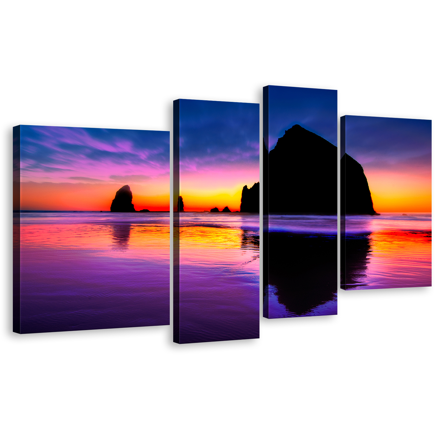 Ocean Rocks Canvas Print, Blue Sky Evening Cannon Beach 4 Piece Canvas Wall Art, Haystack Rock Orange Sunset Canvas Set