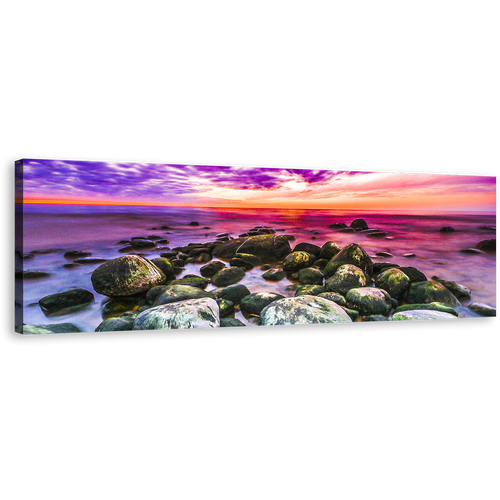 Ocean Rocks Canvas Print, Colorful Ocean Panoramic Canvas Wall Art, Cloudy Sky Ocean Canvas Artwork