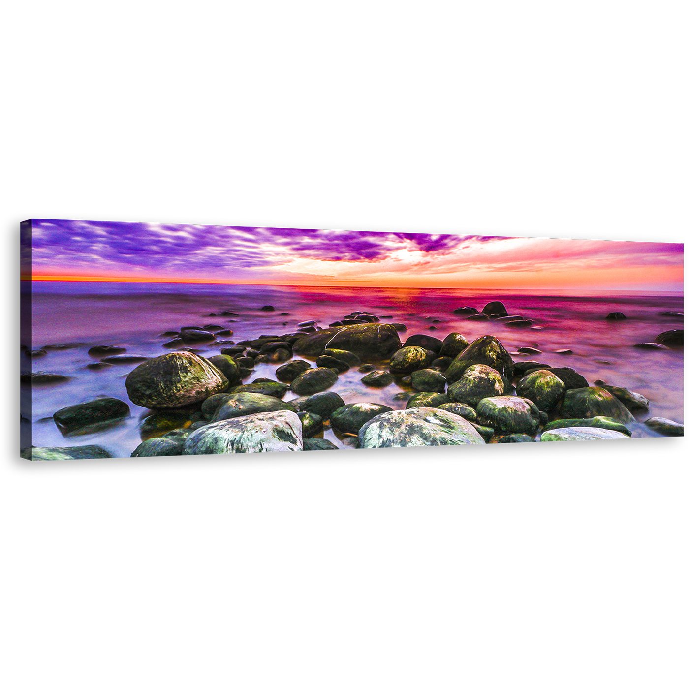 Ocean Rocks Canvas Print, Colorful Ocean Panoramic Canvas Wall Art, Cloudy Sky Ocean Canvas Artwork