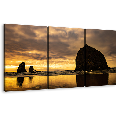 Ocean Rocks Canvas Print, Evening Yellow Cannon Beach Sunset 3 Piece Canvas Wall Art, Black Haystack Rock Canvas Set