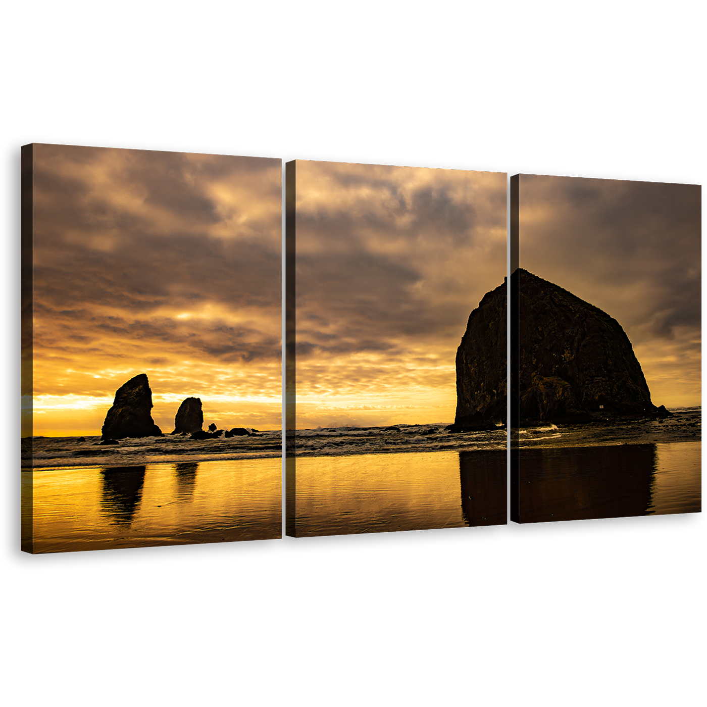 Ocean Rocks Canvas Print, Evening Yellow Cannon Beach Sunset 3 Piece Canvas Wall Art, Black Haystack Rock Canvas Set