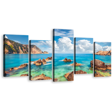 Load image into Gallery viewer, Ocean Rocks Canvas Print, Greece Blue Green Petani Beach 5 Piece Canvas Wall Art, Cloudy Ocean Seascape Canvas Set
