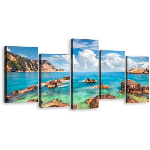 Ocean Rocks Canvas Print, Greece Blue Green Petani Beach 5 Piece Canvas Wall Art, Cloudy Ocean Seascape Canvas Set