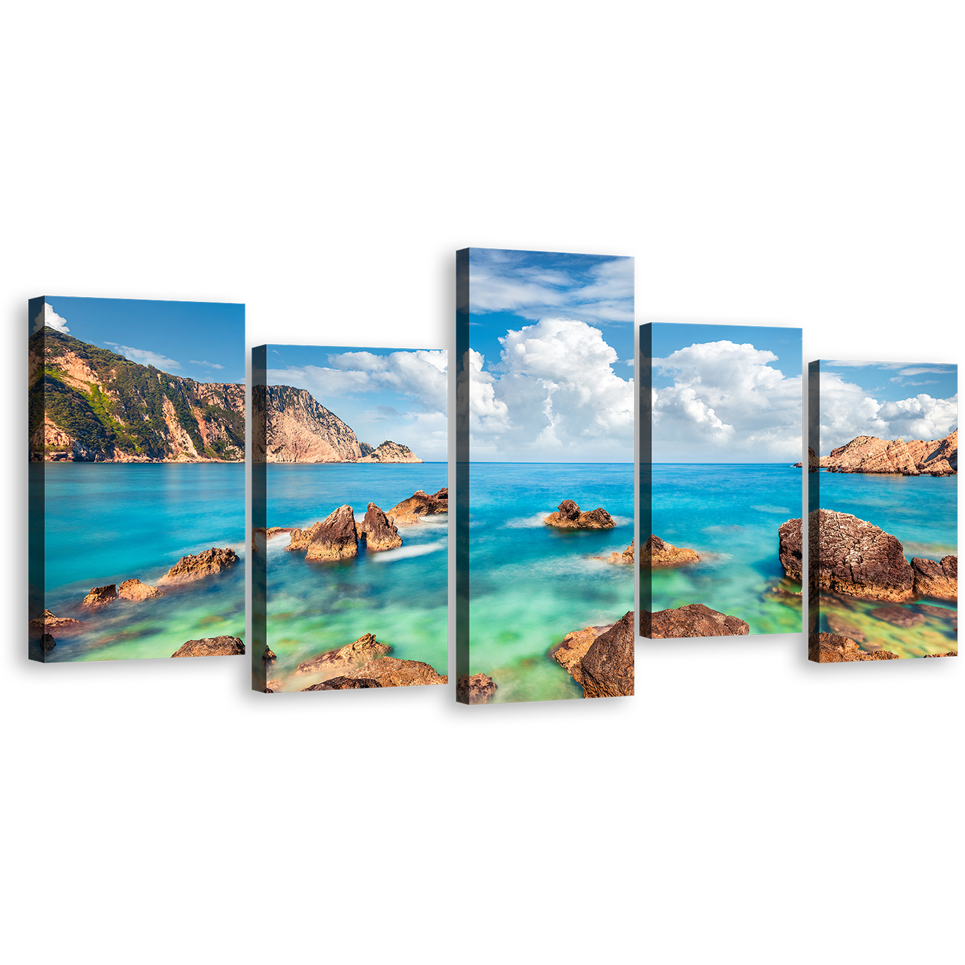 Ocean Rocks Canvas Print, Greece Blue Green Petani Beach 5 Piece Canvas Wall Art, Cloudy Ocean Seascape Canvas Set