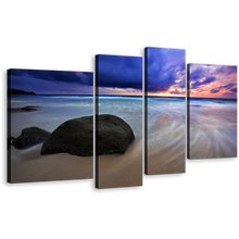 Load image into Gallery viewer, Ocean Rocks Canvas Print, Thailand Sand Grey Rocks Multi Panel Canvas, Blue Cloudy Sunset Sky Sea 4 Piece Canvas Wall Art
